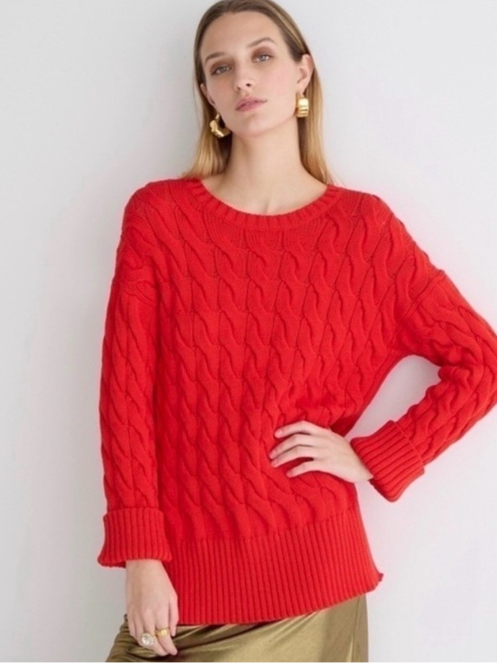 J Crew EUC cotton-blend cable-knit side-slit crewneck sweater sz S-M